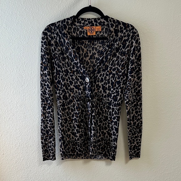 Tory Burch Sweaters - Tory Burch Animal Print Cardigan in Black and Tan Size Small